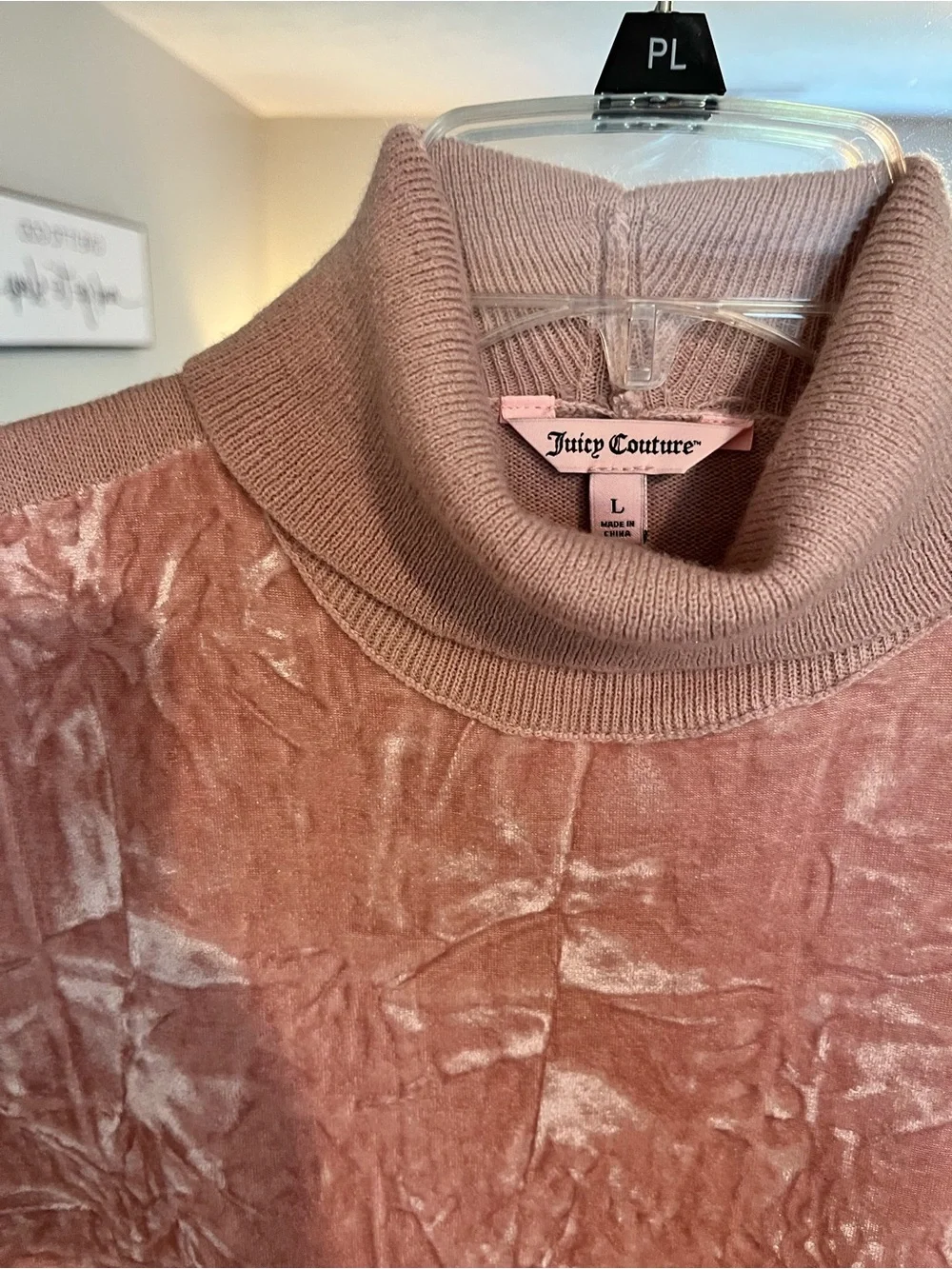 Juicy Couture Blush Pink Velvet Front Turtleneck Sweater